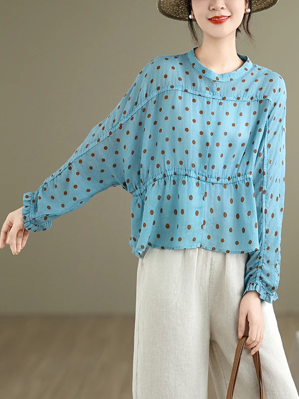 Décontracté rond Ne à pois Protection solaire climatisation irt femmes coupe ample longue Sve haut imprimé trajet Sle