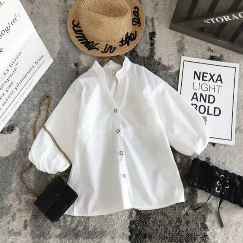 Girls White Waistband Shirt Spring and Autumn Girls Medium Length Shirt Baby Long Sleeved Top Children\'s Bottom Shirt