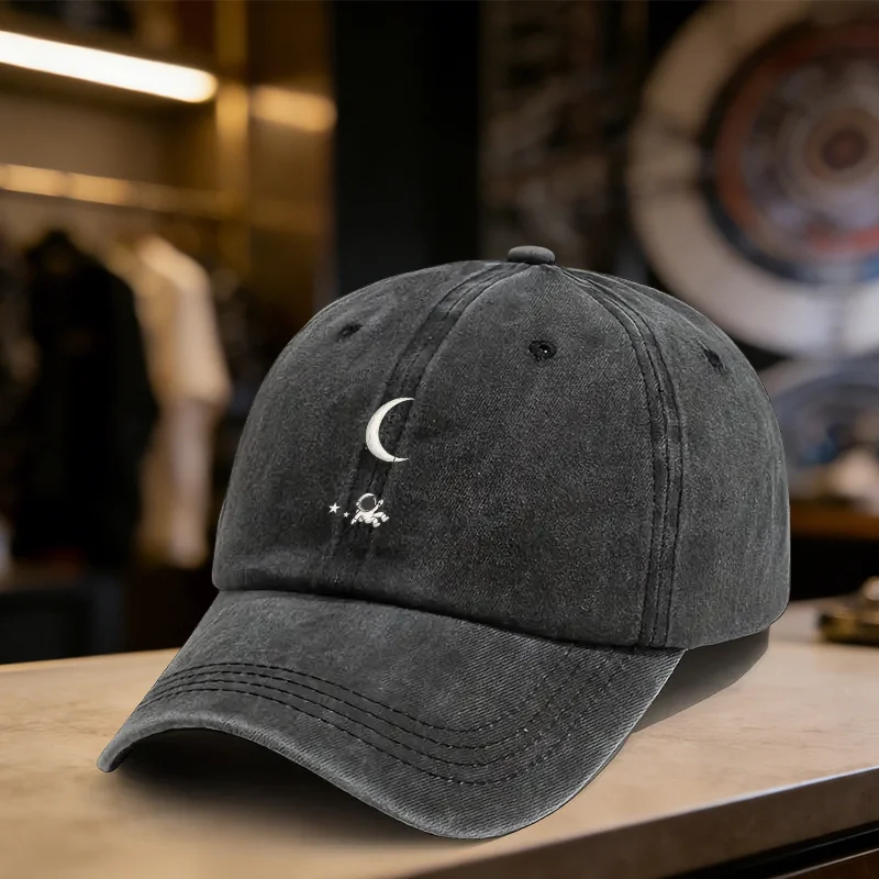 Astronaut Moon Star Baseball Cap Unisex Washed Cotton Adjustable Sun Protection Casual Cap for Men Women