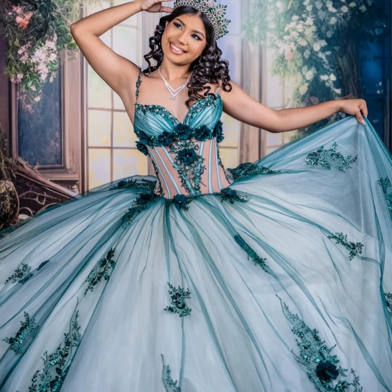 

Dark Green Quinceanera Dresses Off The Shoulder Aplique Flower Beading Crystal Tull Corset Party Birthday Sweet 16 Dress Vestido