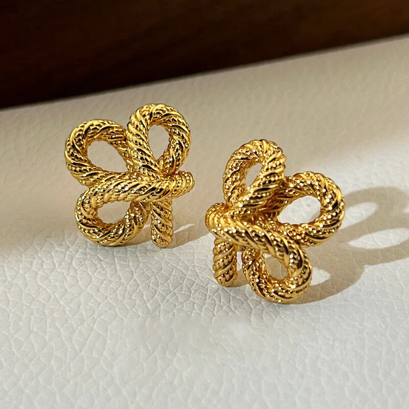 New 925 Sterling Silver Stud Earrings Floral Knot String Gold Color Punk For Women Girl Gift Jewelry Dropshipping Wholesale