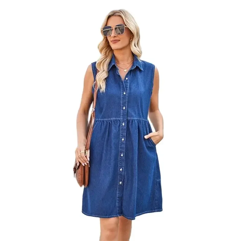 

Women Single-breasted Cardigan Thin Denim Dress Casual High Waist Layers Splice Loose Hem Gown Female Summer Sleeveless Dresses