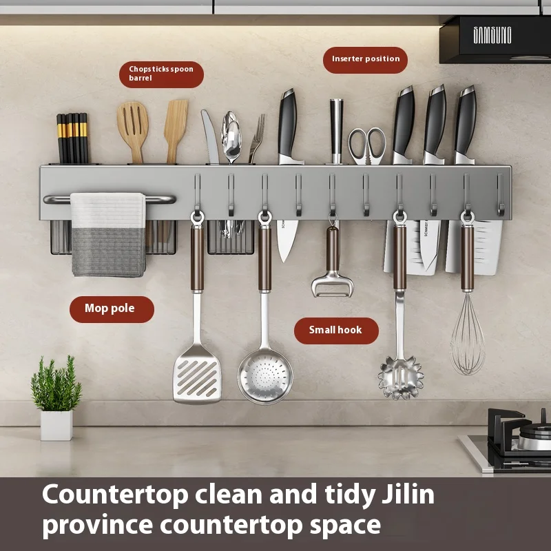 Kitchen Storage Rack Wall-Mounted Multifunctional Storage Knife Rack Detachable Stainless Steel With Multiple Brackets And Hooks