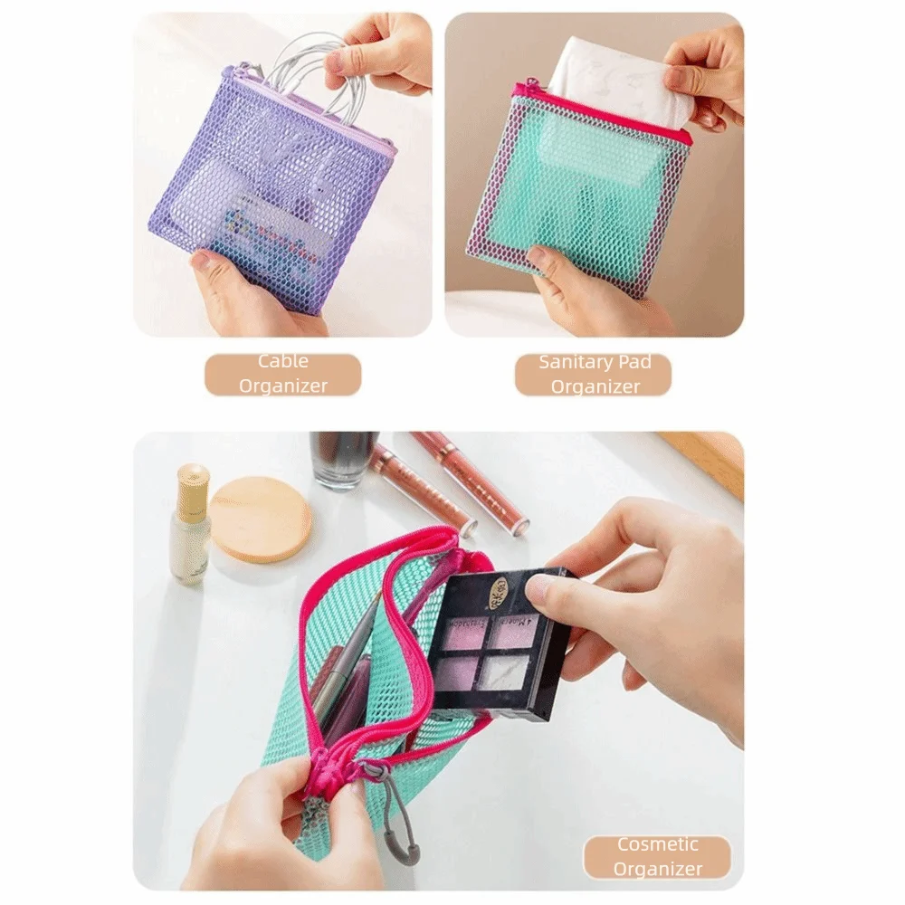 Ultra Light Mesh Storage Bag Visible Wear-proof Makeup Zipper Pouch Double Layered with Handle Portable Coin Purse