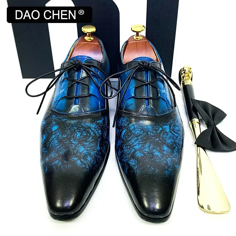 LUXURY BRAND MEN\'S OXFORD SHOES BLACK BLUE LACE UP POINTED TOE CASUAL MENS DRESS SHOES PARTY WEDDING LEATHER SHOES MEN