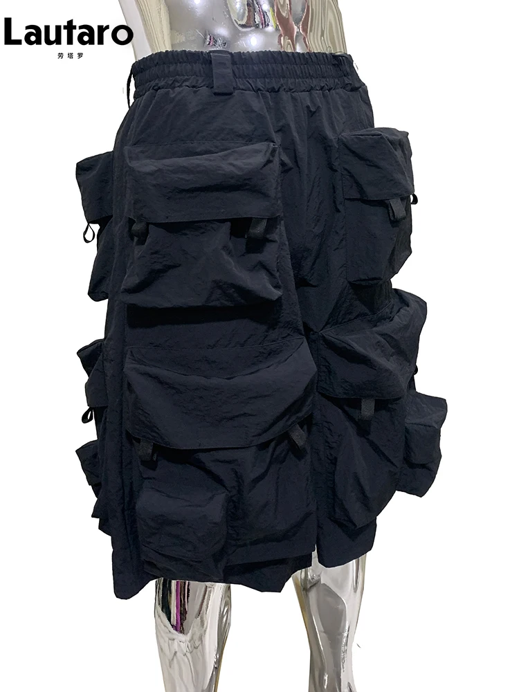 Lautaro Summer Autumn Thin Waterproof Black Nylon Cargo Shorts for Men with Many Pockets Luxury Designer Emo Techwear Clothes
