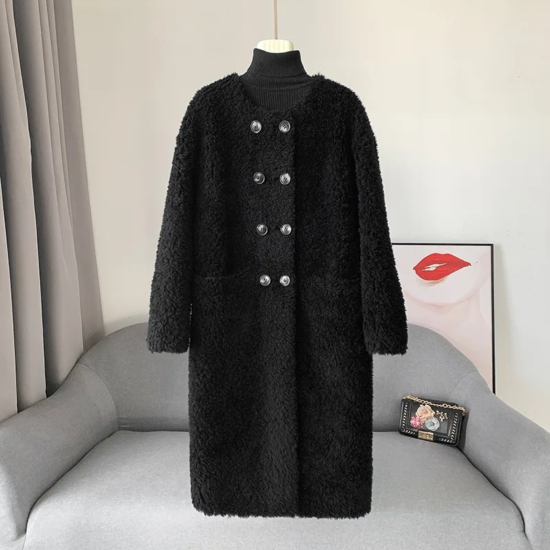 2023 Winter New Lamb's Wool Medium-length Coat Double-breasted Young Sheep Shearling Jacket Parka JT404