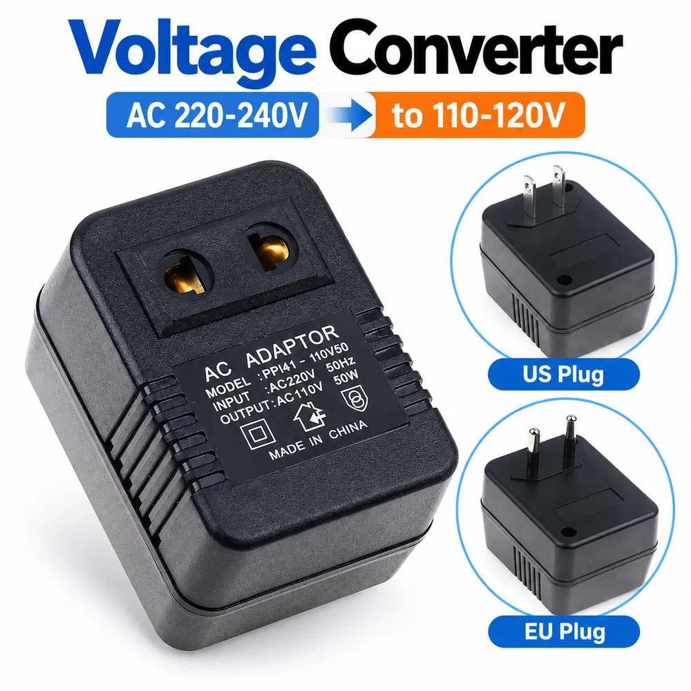 1Pcs EU US Plug Step Down Transformer AC 220-240V to 110-120V Rated Power Voltage Converter Auto Coupling Winding Black
