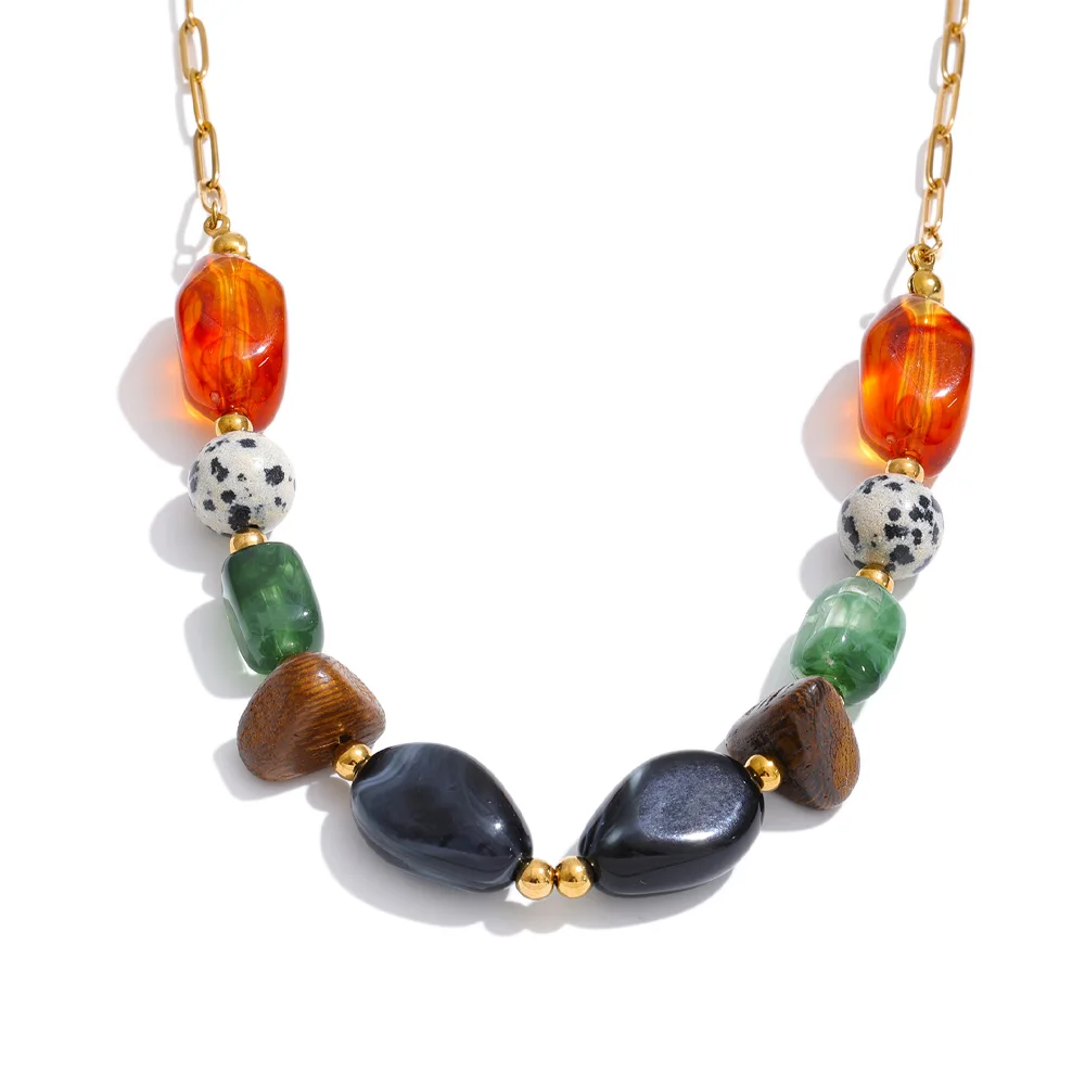 

Gold-plated stainless steel natural stone resin beaded women's necklace simple and elegant neck chain jewelry women's jewelry