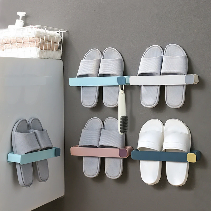 

PP Punch-free Simple Bathroom Slippers Rack Wall-mounted Shoe Rack Self Bathroom Accessories Towel Lid Holder KItchen Storage
