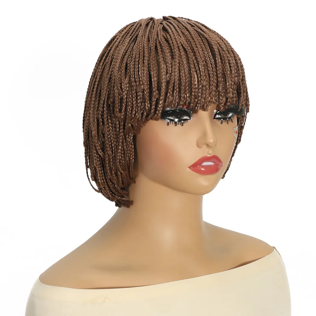 باروكة صناعية مجدولة مع غرة، باروكات قصيرة للنساء، لون أسود وبني للاستخدام اليومي، شعر صناعي من الألياف ذات درجة الحرارة العالية