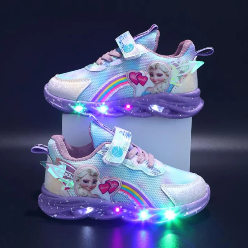 Disney LED Casual Sneakers Pink Purple For Spring Girls Frozen Elsa Princess Print Outdoor Shoes Children Lighted Non-slip Shoes