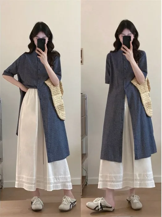 

Loose Summer Plaid Shirt Dress plus Size Ruffle Wide Leg Pants Two Piece Set Women's Fashion Casual Comfortable Retro Style