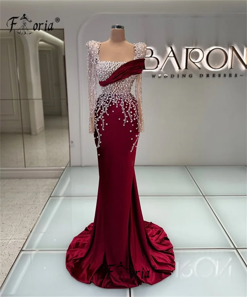 Luxury Burgundy Pearls Beaded Mermaid Wedding Event Dress Customized Elegant Dubai Women Formal Evening Gowns Vestidos de Gala