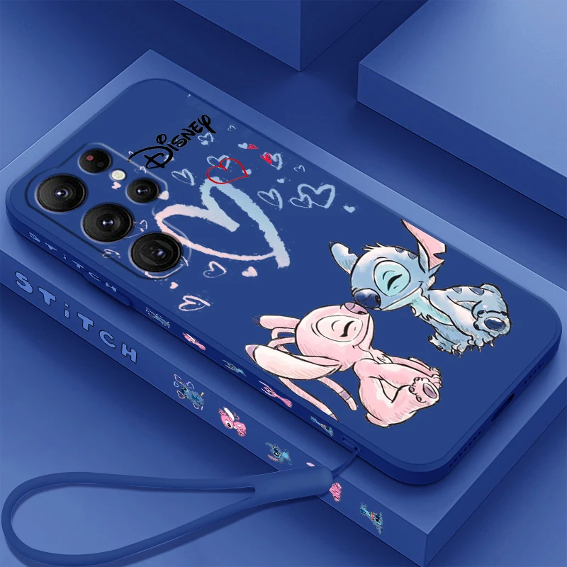 Fashion Disney Stitch Cartoon Liquid Left Rope For Samsung Galaxy S24 S23 S22 S21 S20 FE S10 Ultra Plus Lite 5G Cover Funda