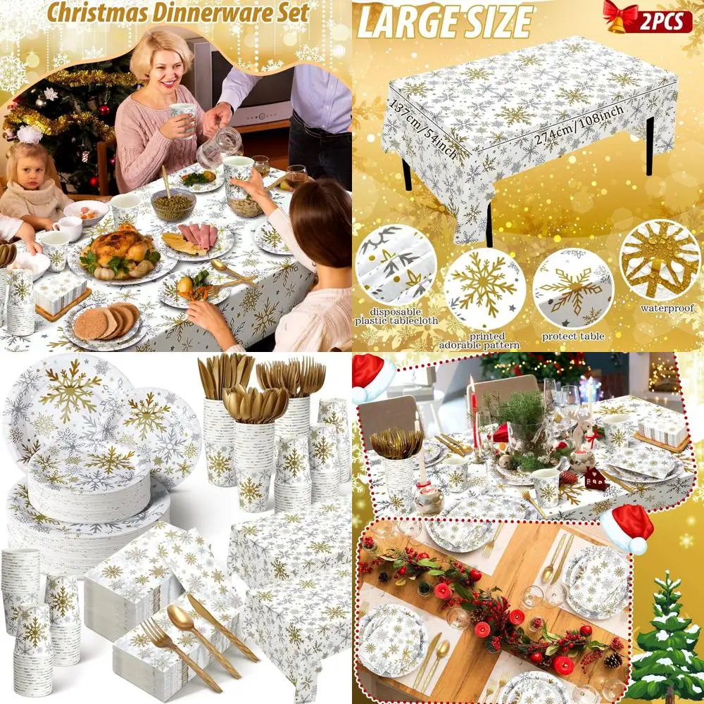 

Disposable Christmas Dinnerware Set: 402-Piece Plates, Napkins, Cups & Tablecloth - Silver, Gold, Snowflake Theme