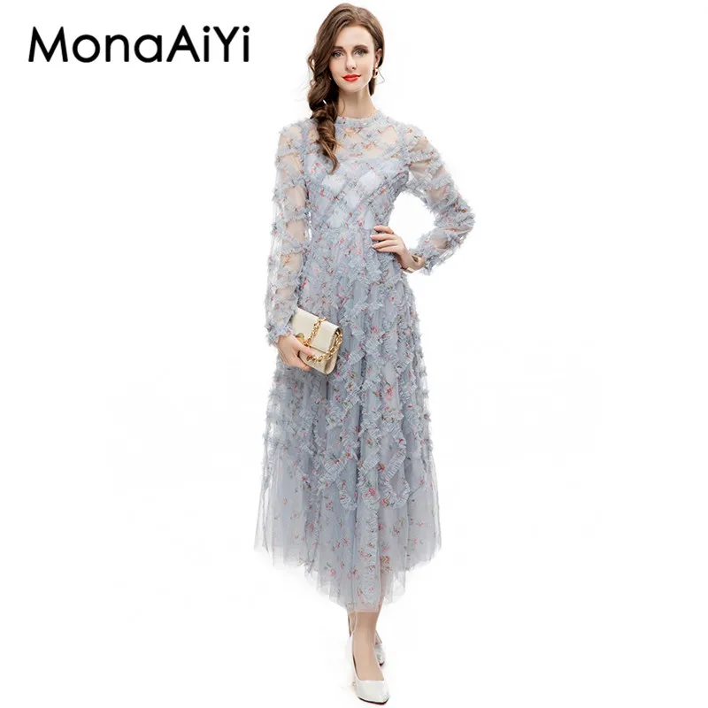 

MonaAiYi Autumn Sweet Elegant Flower Printing Fungus Trim Slim Round-Neck Long-Sleeve High Waisted Grey See-Through Dress