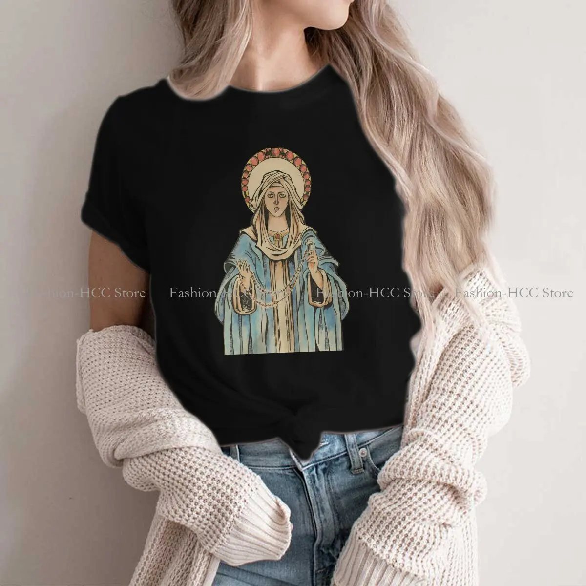 Virgin Mary God Polyester TShirt for Women Rosary Basic Summer Sweatshirts T Shirt Novelty New Design