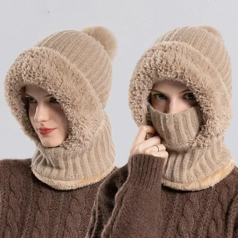 

Women Hooded Cap Winter Velvet Knitted Woolen Balaclava Hat Ear Protection Fluffy Hat Lady Mask Neck Integrated Warmth Cover Hat