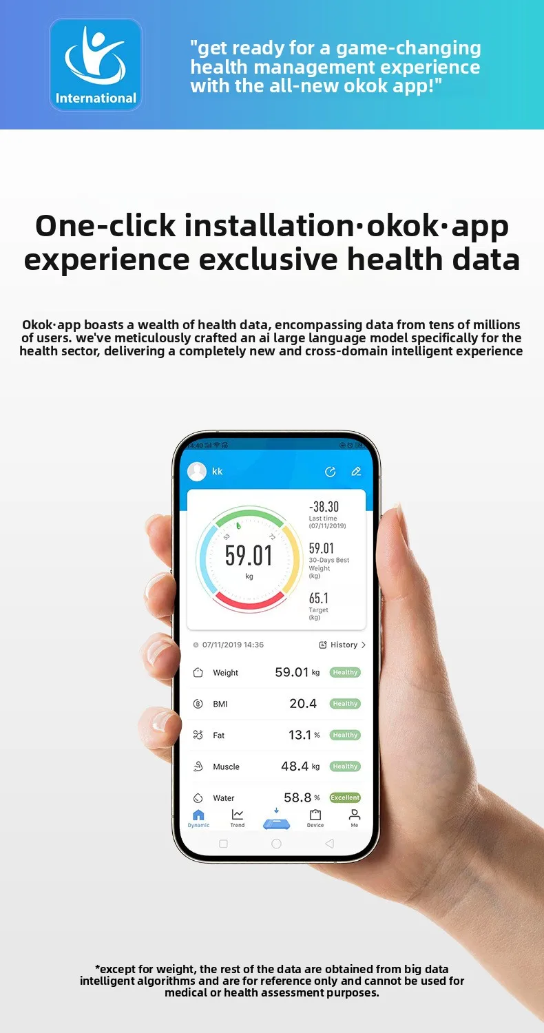 Wiederaufladbare, smarte Bluetooth-Körperanalysewaage mit App-Synchronisierung (BMI, Muskelgewicht) für Zuhause_voghion.com