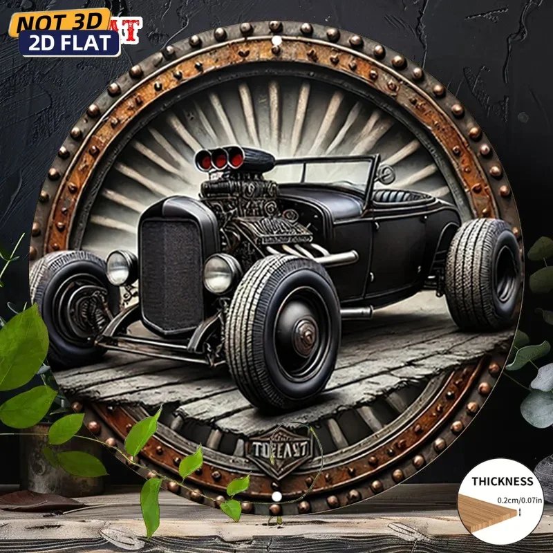 2D flat, 1 retro 1920s hot rod car wooden badge - circular black gold racing car, V8 engine design and tires