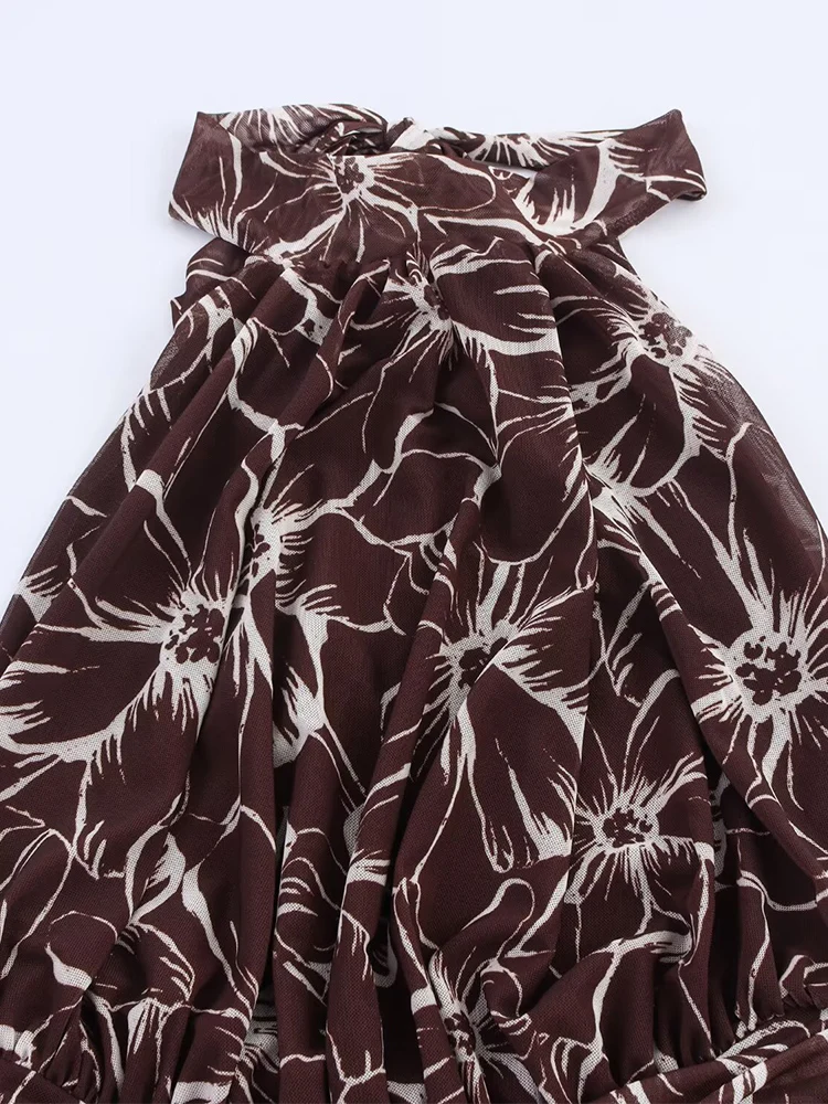 Stile europeo e americano autunno nuova moda abbigliamento femminile senza maniche scollo all'americana abito lungo senza schienale in tulle stampato