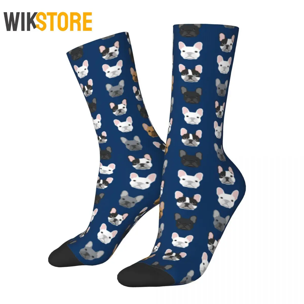 Crazy Design French Bulldog Faces Navy Blue Sports Socks Dog Middle Tube Socks for Unisex Sweat Absorbing Breathable Cute Sock