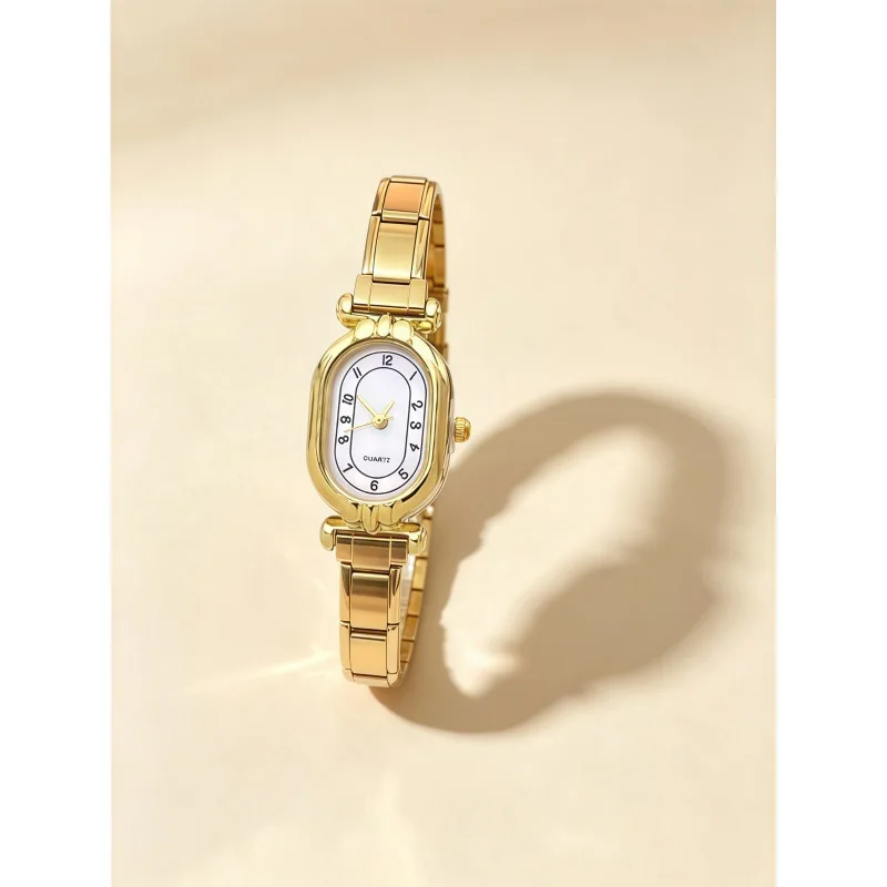 Ins Oval Women Quartz Italian Charm Watch Multi‑Color Shell Dial Golden Stainless Steel Band Analog Ladies Wristwatch Daily Gift