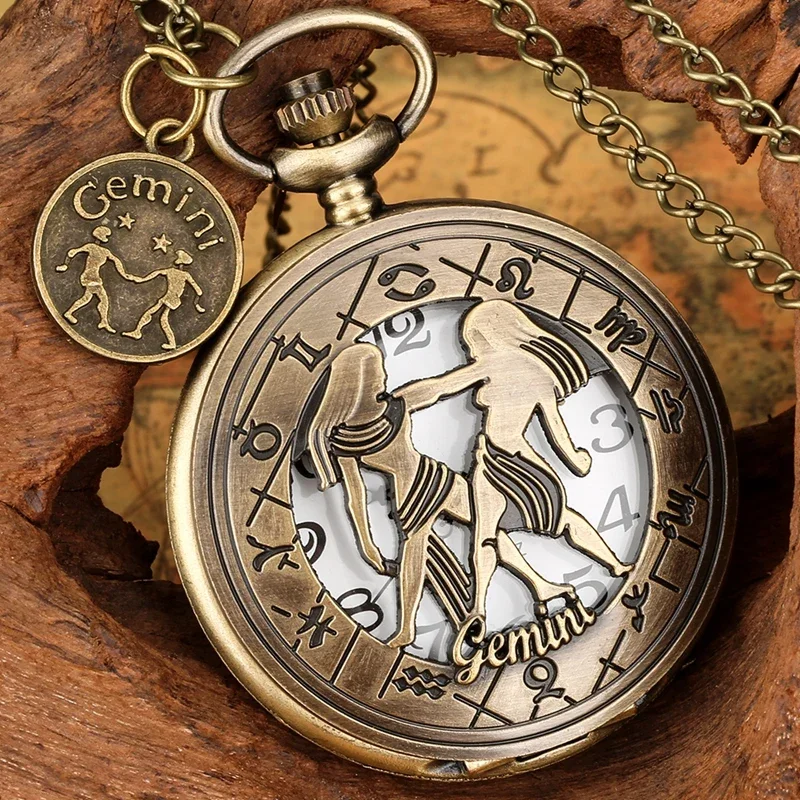 Bronze Hollow Twelve Constellation Unisex Quartz Pocket Watch Necklace Chain Arabic Numerals Display Birthday Gift reloj