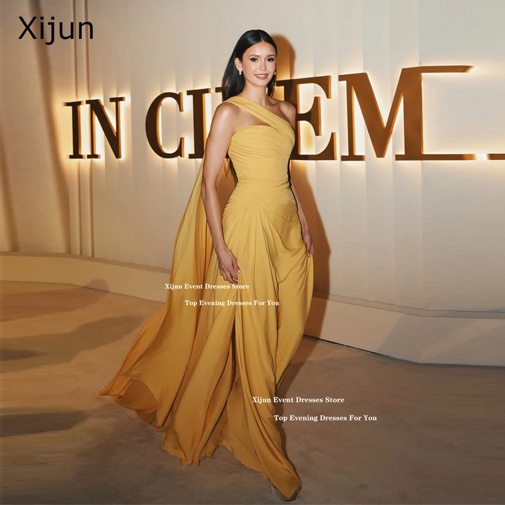 Xijun Yellow Chiffon Long Evening Dresses A-Line Cape Sleeveless Formal Prom Dresses Pleated Occasion Maxi Prom Gowns Customized