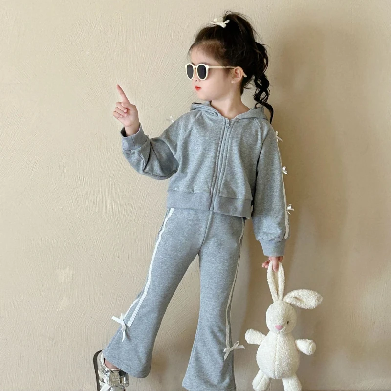 Girl Two Piece Set 2024 Autumn New Western Style Bow Hooded Zip Up Shirt Bell Bottom Pants Sweet Cute Kids