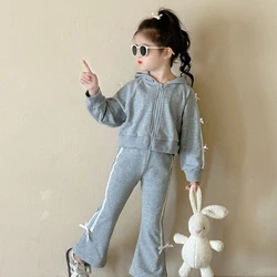 Girl Two Piece Set 2024 Autumn New Western Style Bow Hooded Zip Up Shirt Bell Bottom Pants Sweet Cute Kids