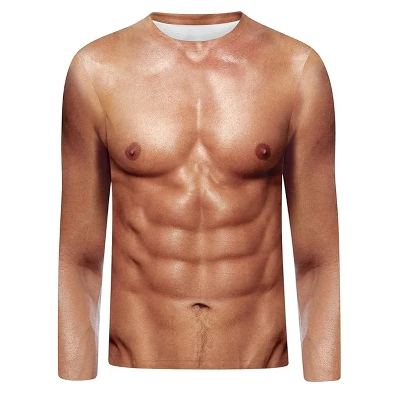 Mens 3D Realistic Muscle Print Long Sleeve T-Shirts Funny Novelty Cosplay Party Soft Breathable Casual Streetwear Gag Gift Pick