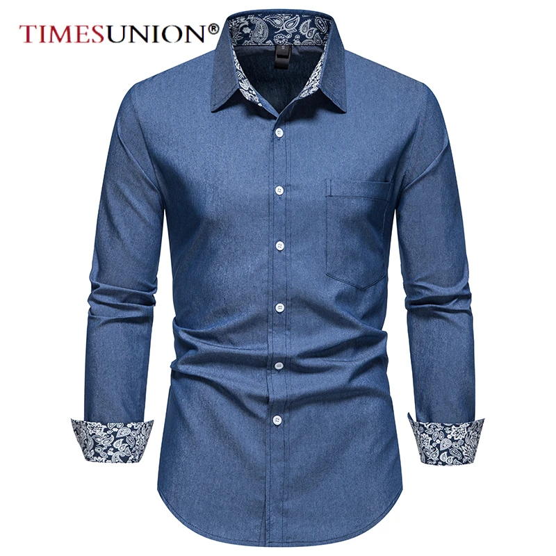 

Europe Size Men Shirt 2022 Spring New Arrival Patchwork Casual Male Brand Clothing Long Sleeve Paisley Printed Denim Shirt Men