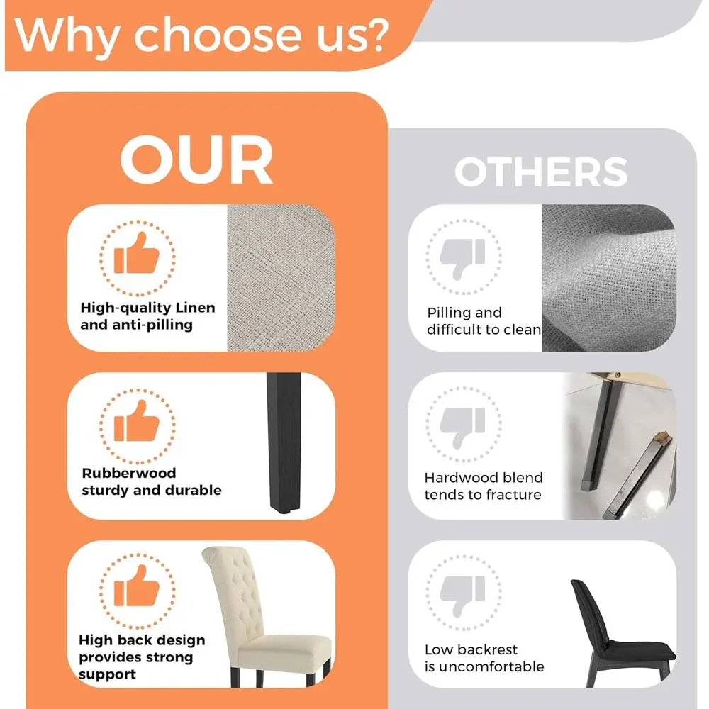 Пара современных обеденных стульев с обивкой из льна, тафтинговой спинкой и ножками из массива дерева для дома или ресторана (бежевый)