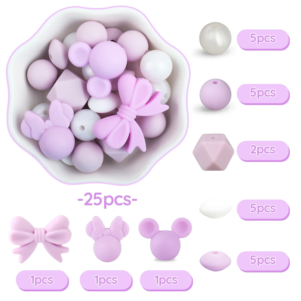 25Pcs/set Silicone Beads Butterfly Clips Set Pacifier Chain Cartoon Animal Shape Diy Toys Teething Beads Newborn Accessories