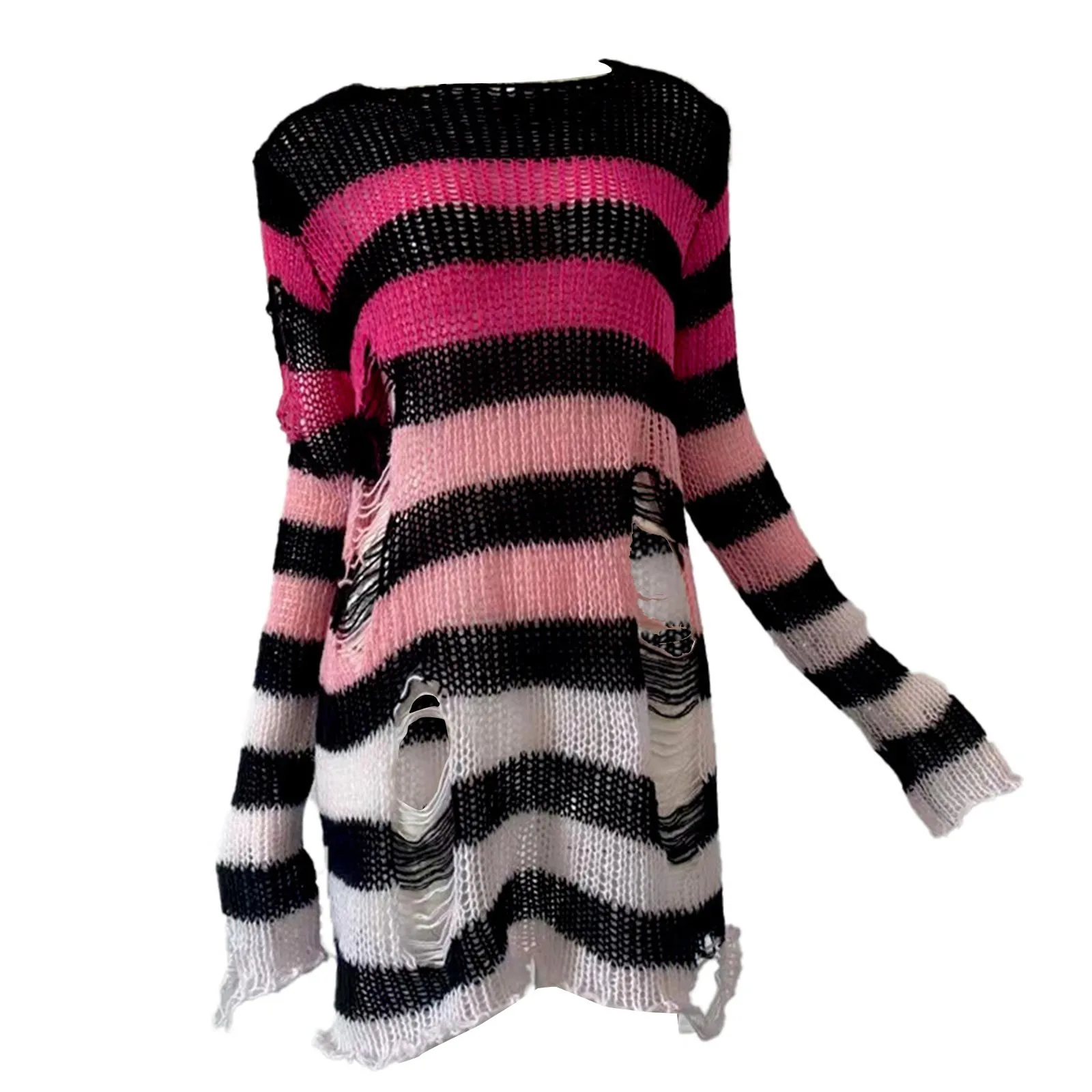 Suéter degradado con agujeros de estilo Punk para mujer, jersey de manga larga con cuello redondo, jersey de longitud media, Top informal que combina con todo, otoño e invierno, nuevo