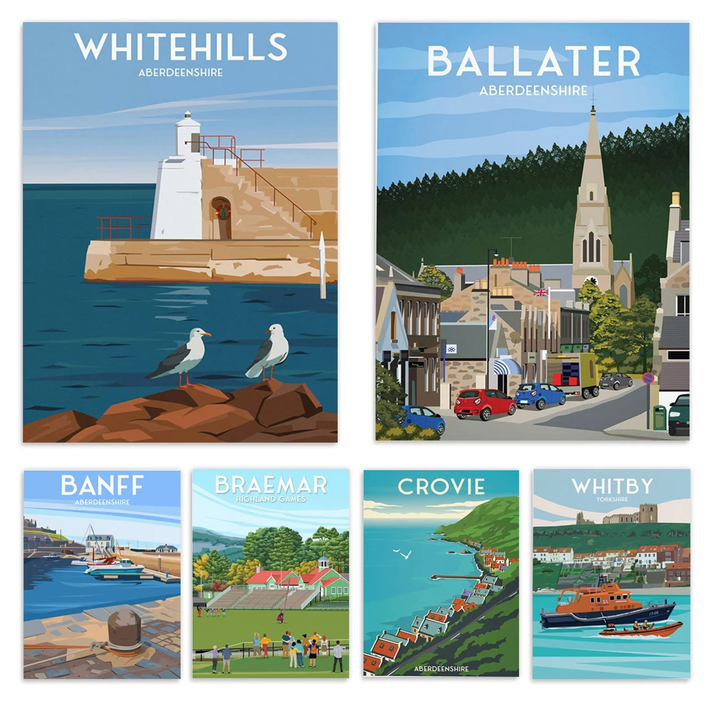 Travel poster for Antarctica, Aberdeenshire, Kingston upon Hull, Fife coast, Rattray Point, Victoria Bridge, Crow, Dean village