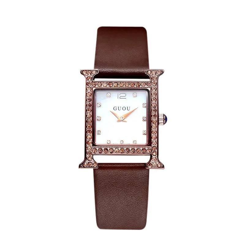 Fashion Guou Higth Quality Luxury Women\'s Genuine Leather Ladies Watch Rhinestone Square Watch Girls Female Quartz Wristwatches