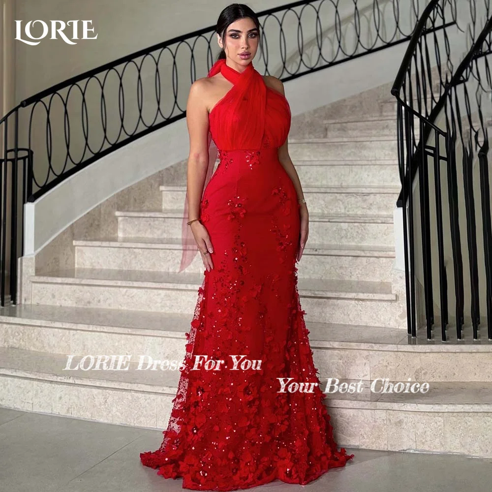 LORIE-vestido de noche rojo con cuello Halter para mujer, traje de sirena con corte en A, flores 3D, encaje, para fiesta de graduación, 2024