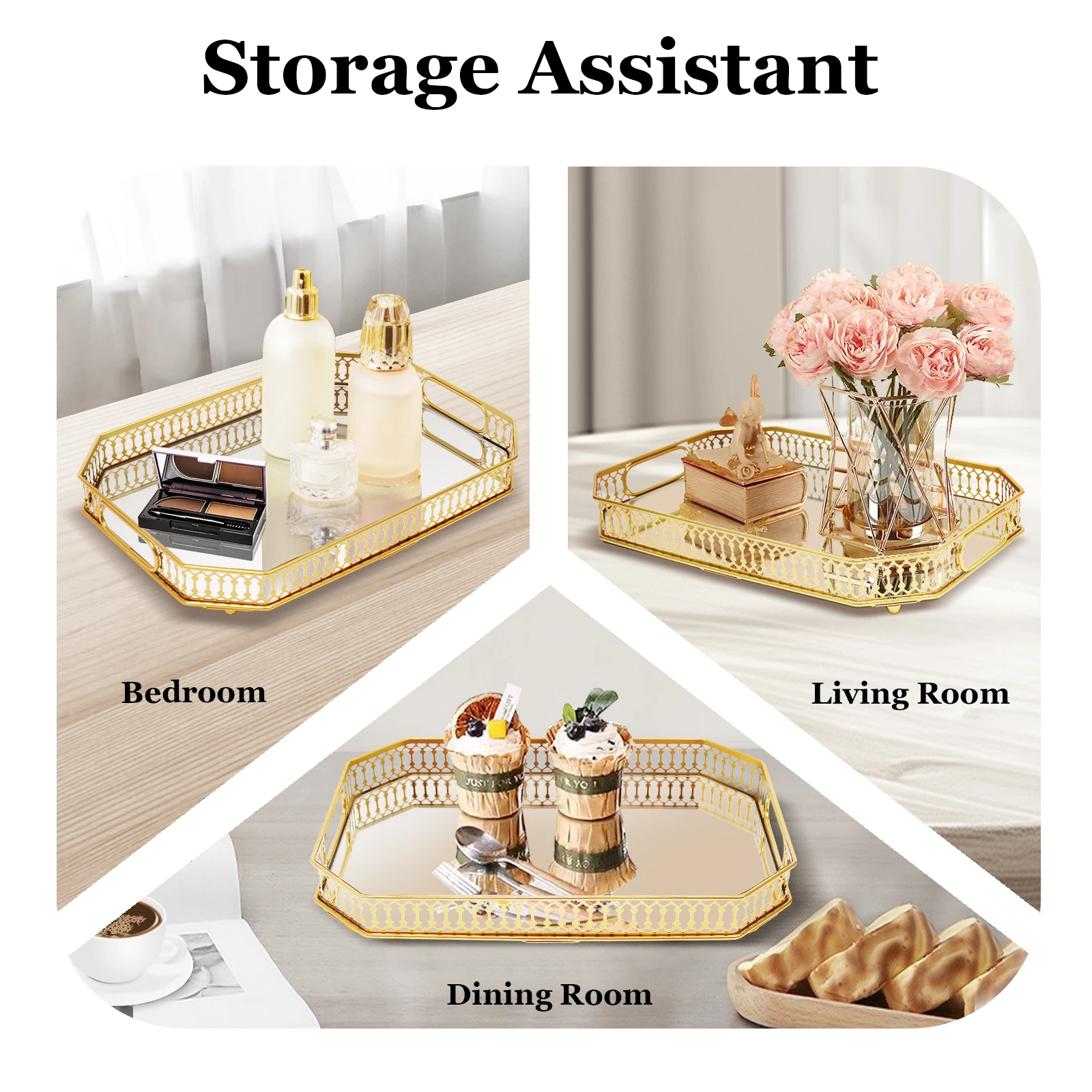 Bandeja decorativa dourada retangular, bandeja de mesa para servir, bandeja de vaidade, duas alças ocas em ambos os lados para armazenar vários itens