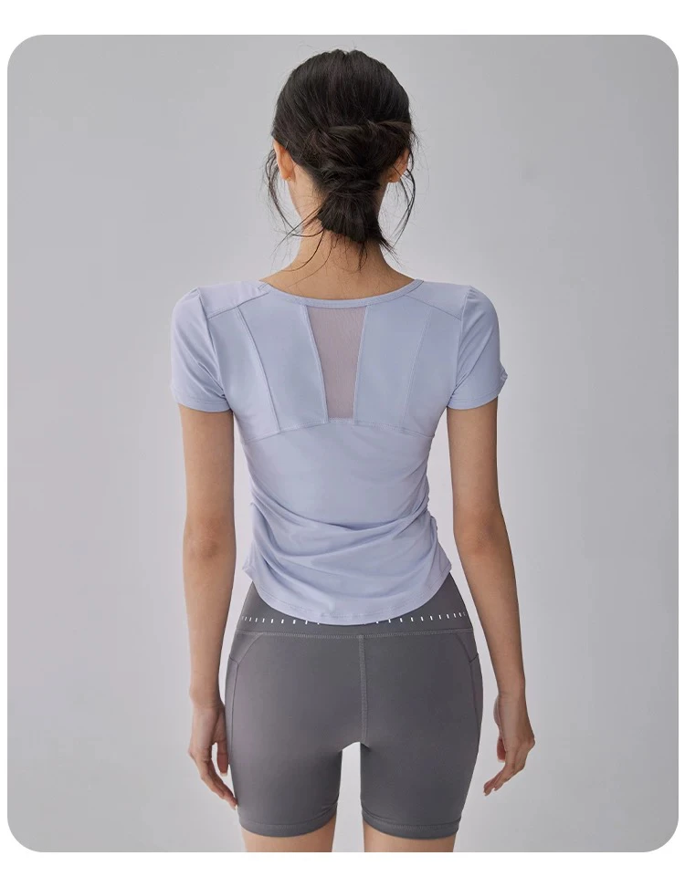 Neues Sommer-Sonnenschutz-Sporttop für Damen, atmungsaktiver Mesh-Yoga-Anzug, schnelltrocknend, kurzärmelig, schlankmachender Fitness-Anzug – Detail 4