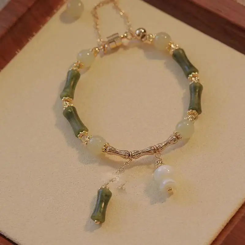 Green Bamboo Beads Bracelet for Women Unique Vintage Design Exquisite Jewelry Expensive-Looking Chinese Drama Style Accessory