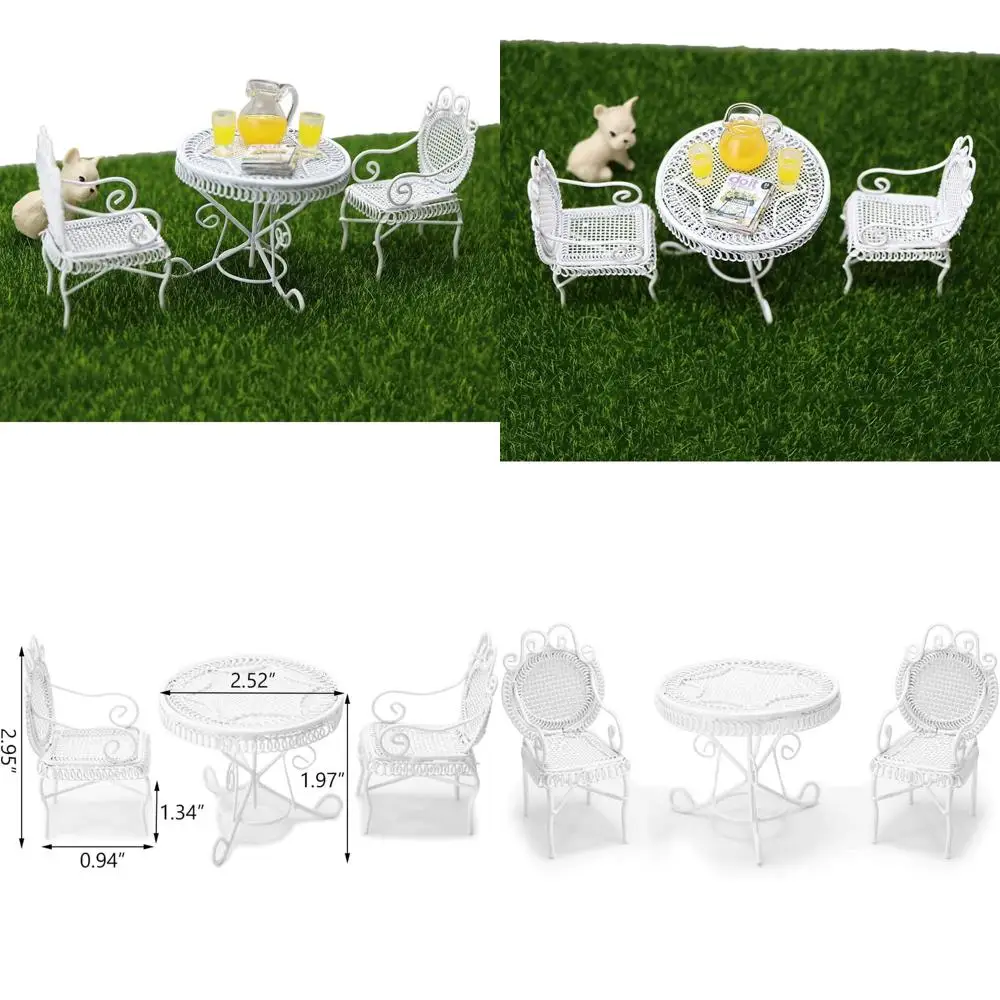 

1:12 Scale White Miniature Bistro Table & Chairs Set, Metal Coffee/Tea Urniture for Airy Garden, Cute Rustic Elegant Decorations