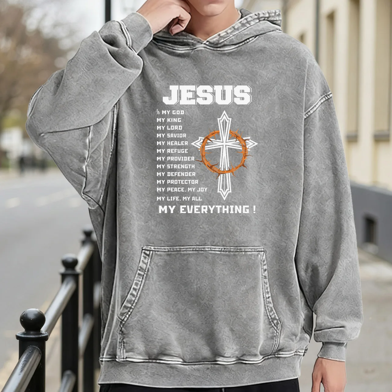 سترة بقلنسوة برسومات مغسولة كلاسيكية للرجال من Jesus My Everything، بلوفر ريترو المتعثر، سترة كاجوال ملابس الشارع