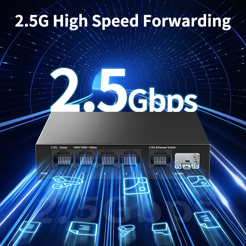 5 Port 2.5GbE Ethernet Switch Unmanaged 2.5Gbps Network Switch 1 Port 10Gb SFP+ Slot Home Lab Setup Switch Plug and Play