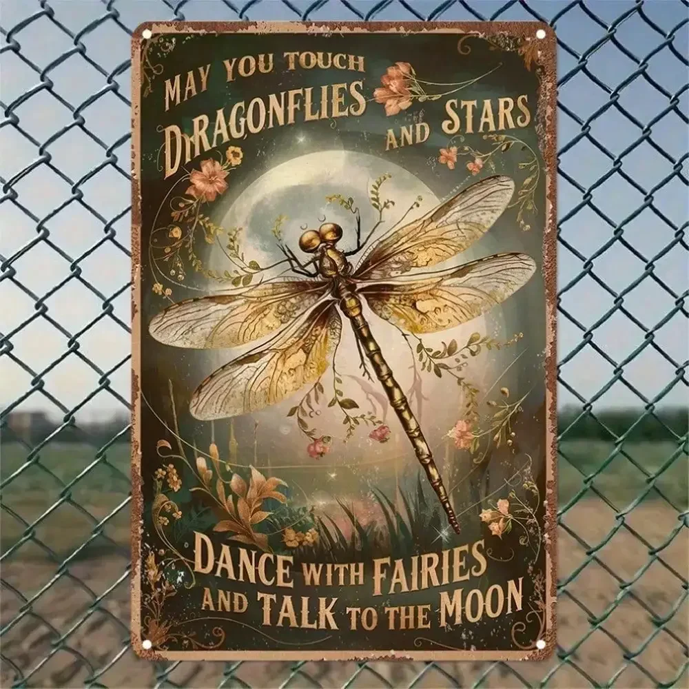 Plaque murale vintage en métal 2D 2026, motif libellule et ciel nocturne floral, pour décoration extérieure de véranda et de ferme