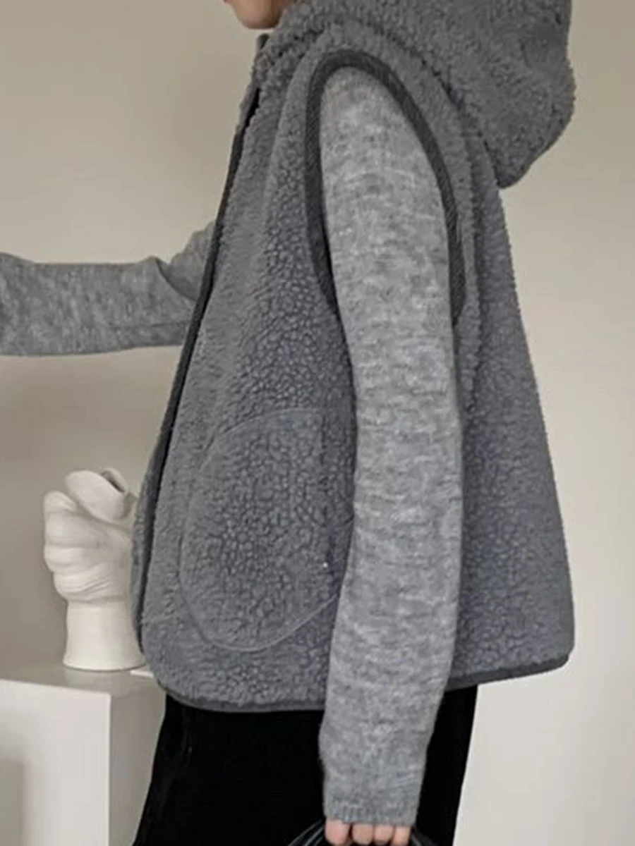 Inverno nuovo gilet con cappuccio in lana d'agnello solida donna giacca monopetto senza maniche moda coreana gilet tascabile casual capispalla