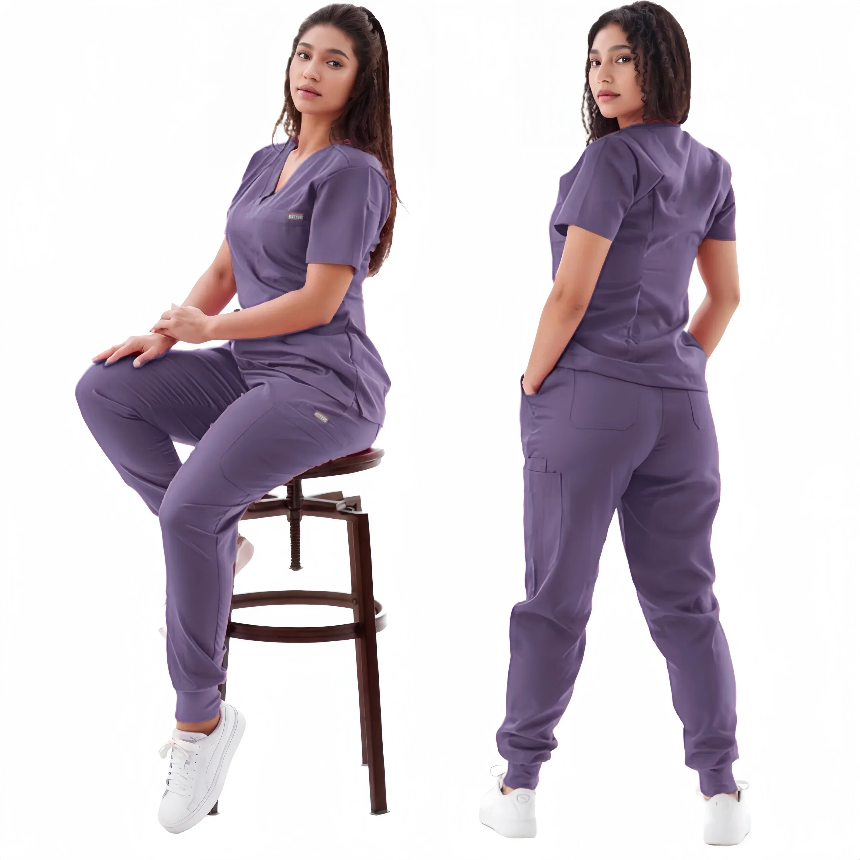 Multicolor Jogger Suit para Enfermeiros, Enfermeira Scrubs Set, Roupas Médicas Clínicas, Médico Enfermagem Uniformes, Manga Curta, V-neck Tops, Bolso Calças