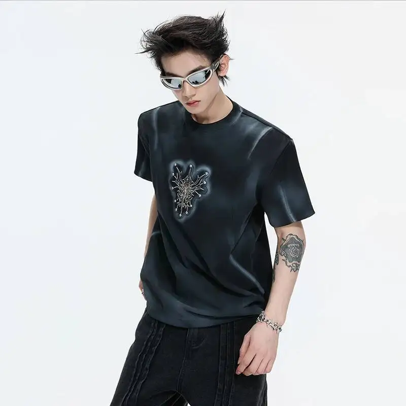 LUZHEN 2026 Summer Embroidery Pattern Tie-dyed Design Short Sleeve T-shirts Men's Trendy Handsome Streetwear Casual Tops JY6856